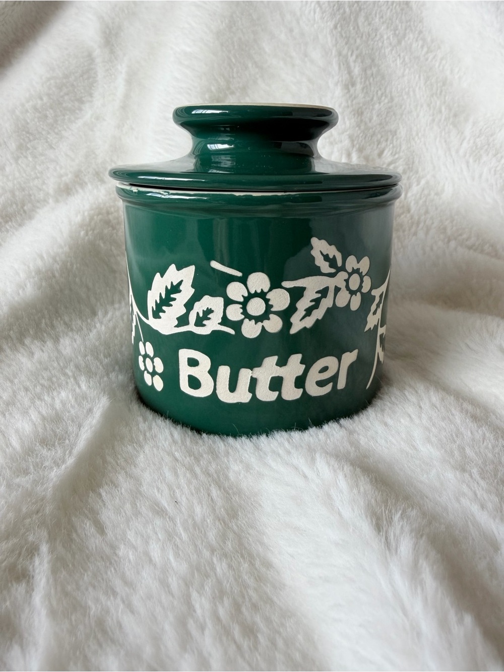Vintage 1997 L Tremain Original Butter Bell Crock Dark Green White Floral Beurre